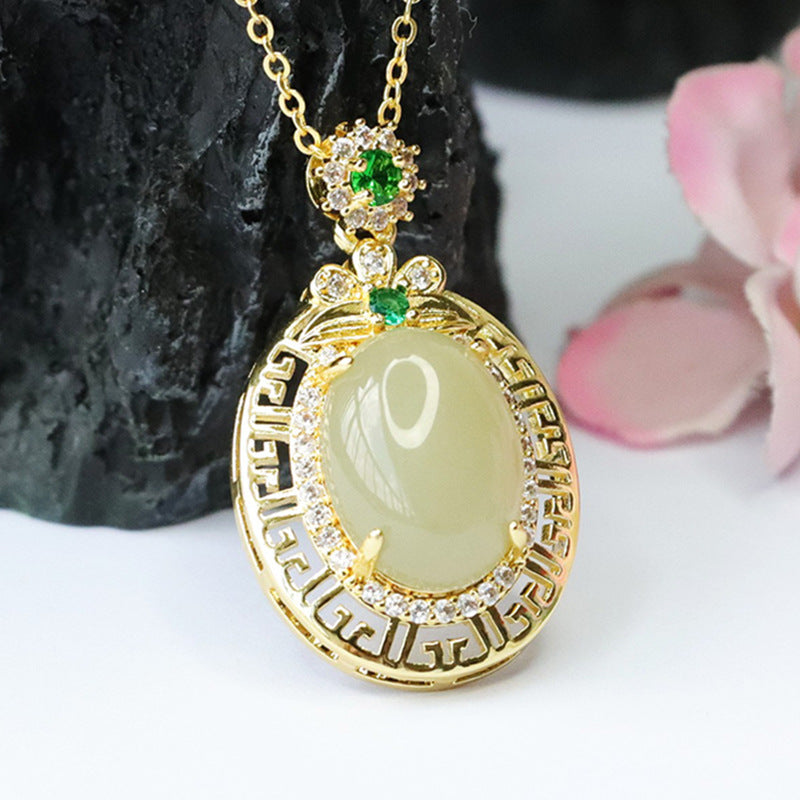 Natural Hotan Jade Pendant with Hollow Zircon Detail