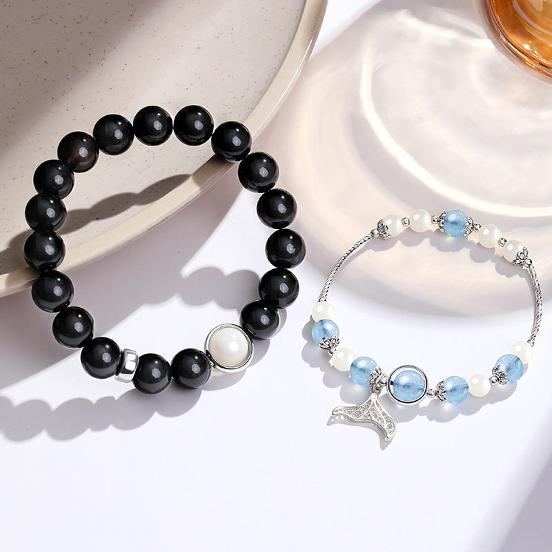 Legend of the Mermaid: Sterling Silver Aquamarine Moonstone Obsidian Fishtail Couple Bracelet