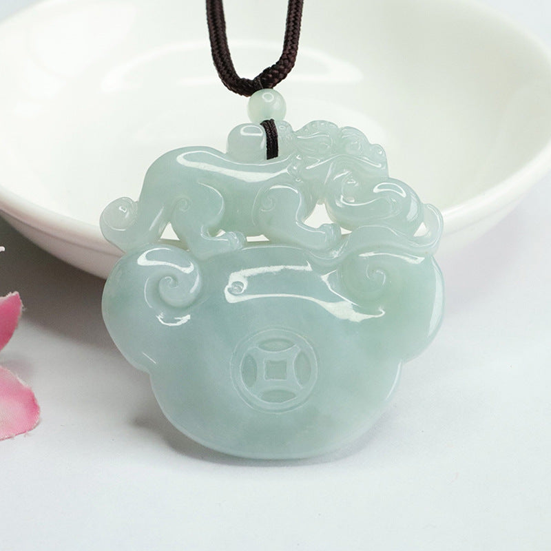 Good Luck Charm Burmese Jade Pendant with Sterling Silver Pixiu Detail