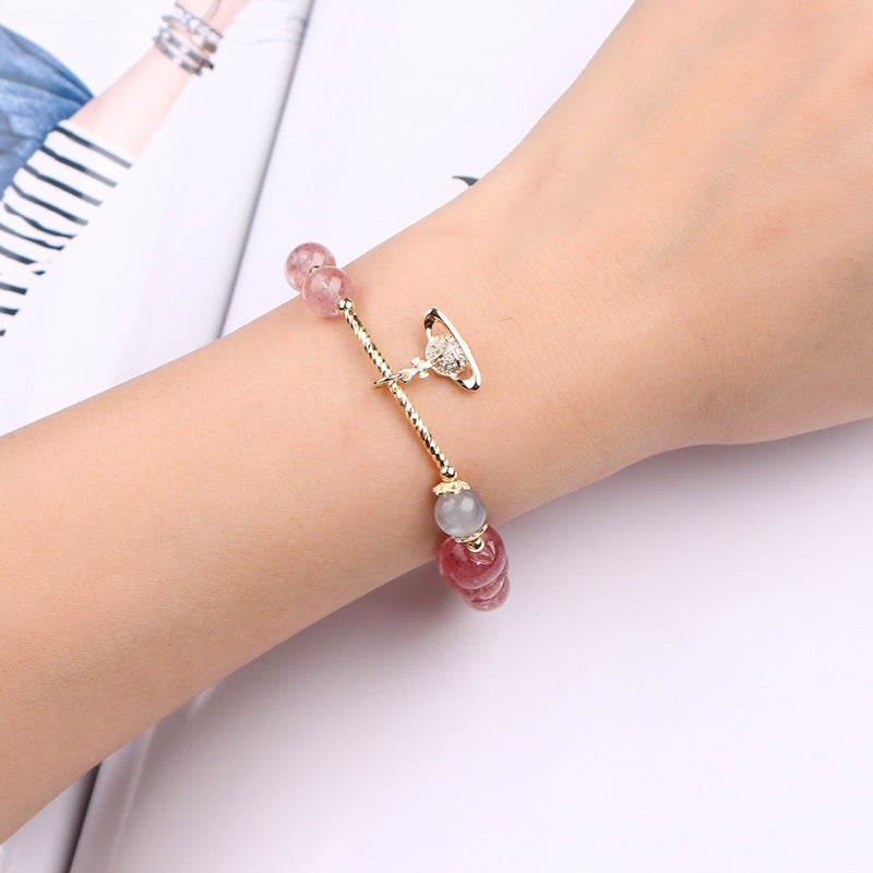 Strawberry Crystal Pixiu Bracelet - Sterling Silver, Female Skill, Peach Blossom Design