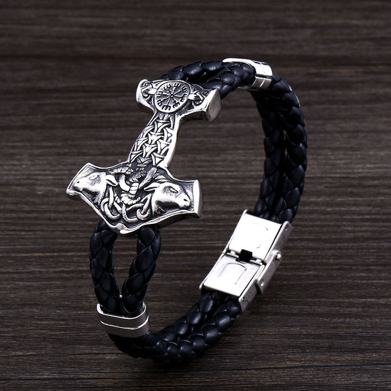 Viking-Inspired Stainless Steel and Leather Men's Bracelet – Trendy Wholesale Accessory for Modern Style