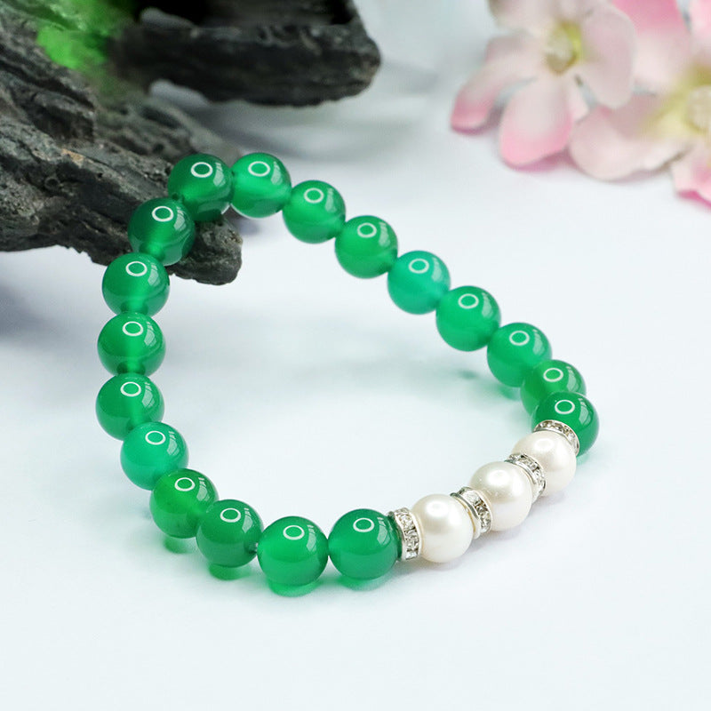 Green Chalcedony and Freshwater Pearl Sterling Silver Bracelet