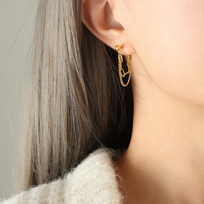 Trendy Double Layer Tassel Chain Earrings in Gold Plated Titanium Steel