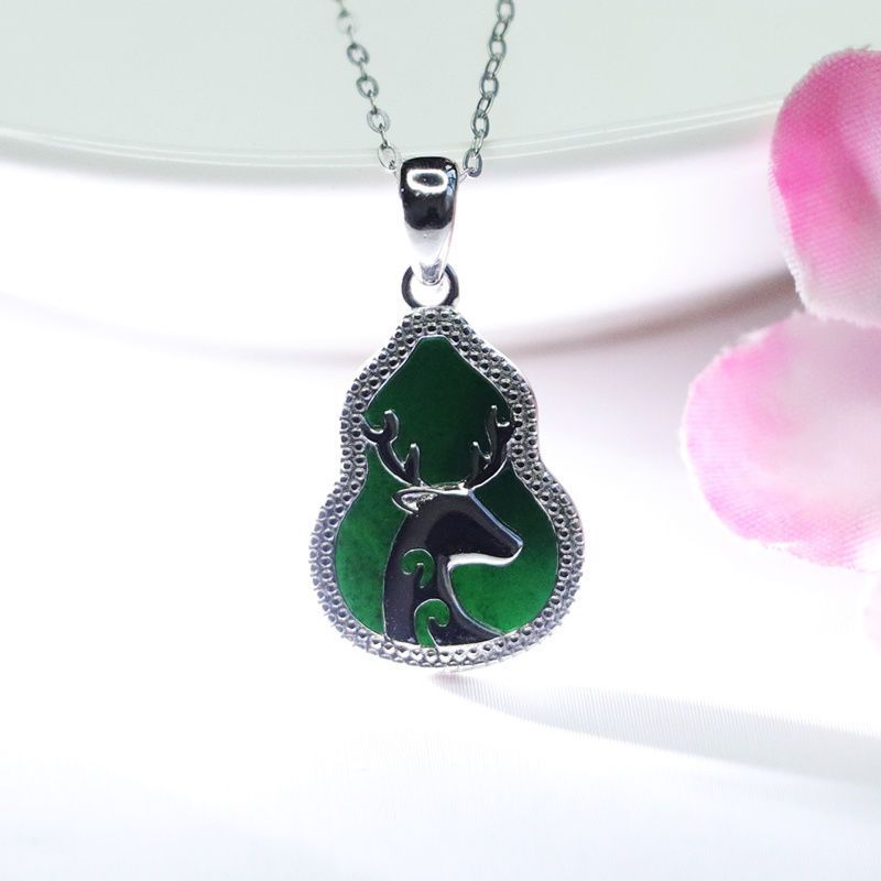 Sterling Silver Blackish Green Jade Deer Pendant Necklace