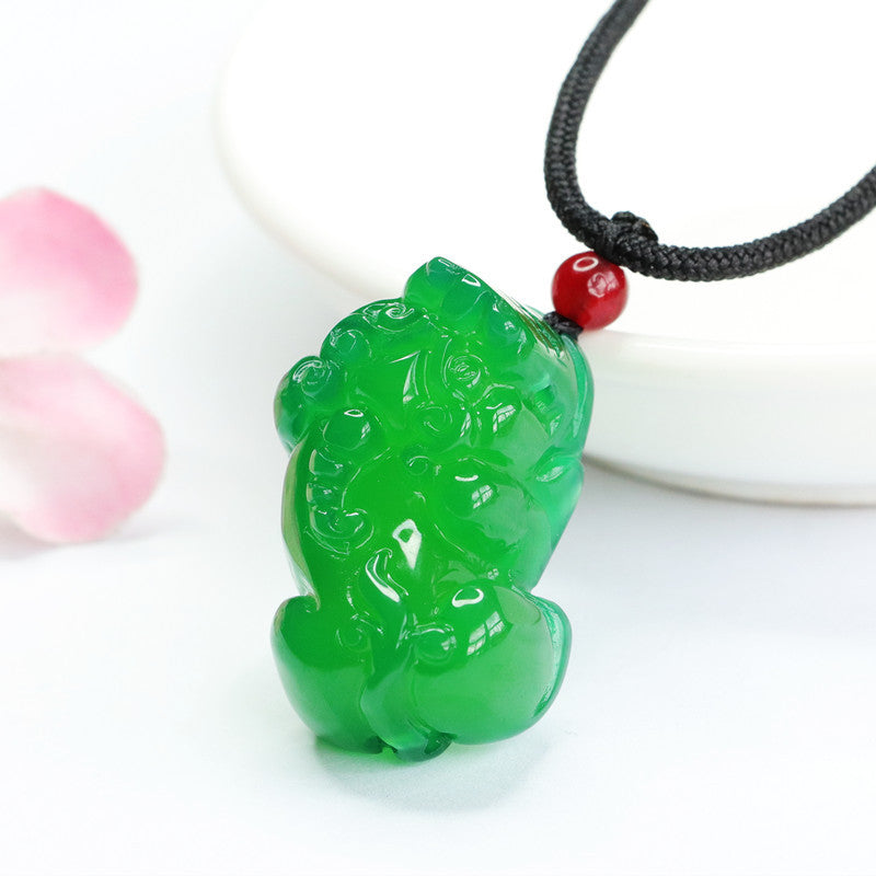 Green Jade Chalcedony Pixiu Sterling Silver Pendant