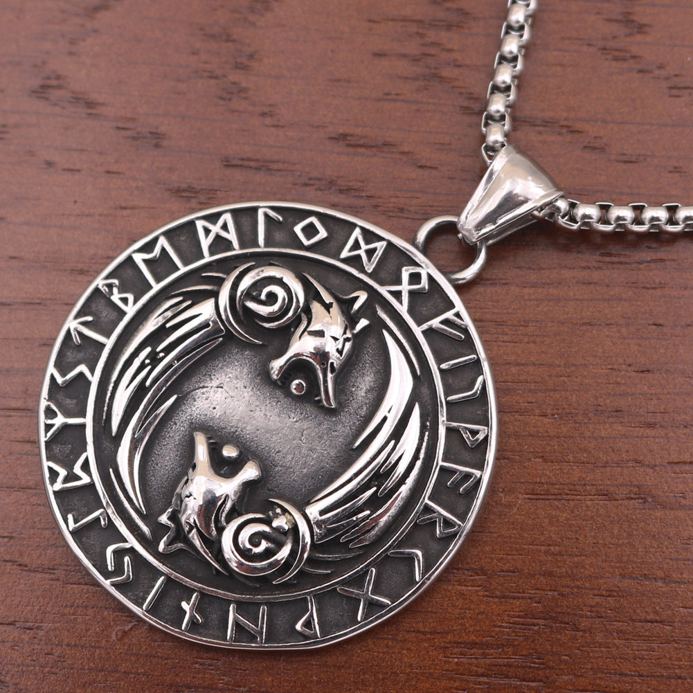 Viking Wolf Titanium Steel Necklace with Runa Rune Pendant - Men's Norse Legacy Jewelry