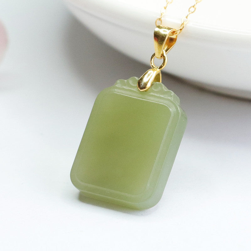 Luxurious Square Sterling Silver Pendant with Exquisite Hetian Jade