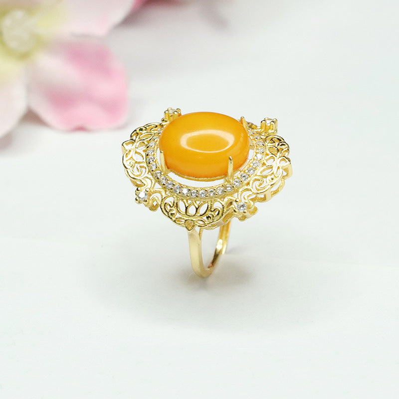 Sterling Silver Beeswax Amber Ring with Adjustable Hollow Palace Style - Retro Fortune's Favor Collection