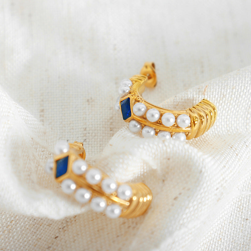 Elegant Blue Zircon Pearl C-Shaped Earrings with Titanium Steel Gold Plating