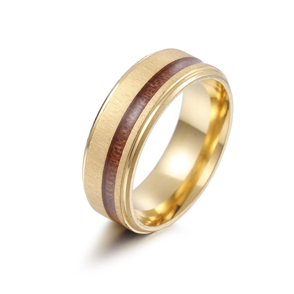 European Style Titanium Steel Ring with Wood Grain Detail - Men's Fashion Ring