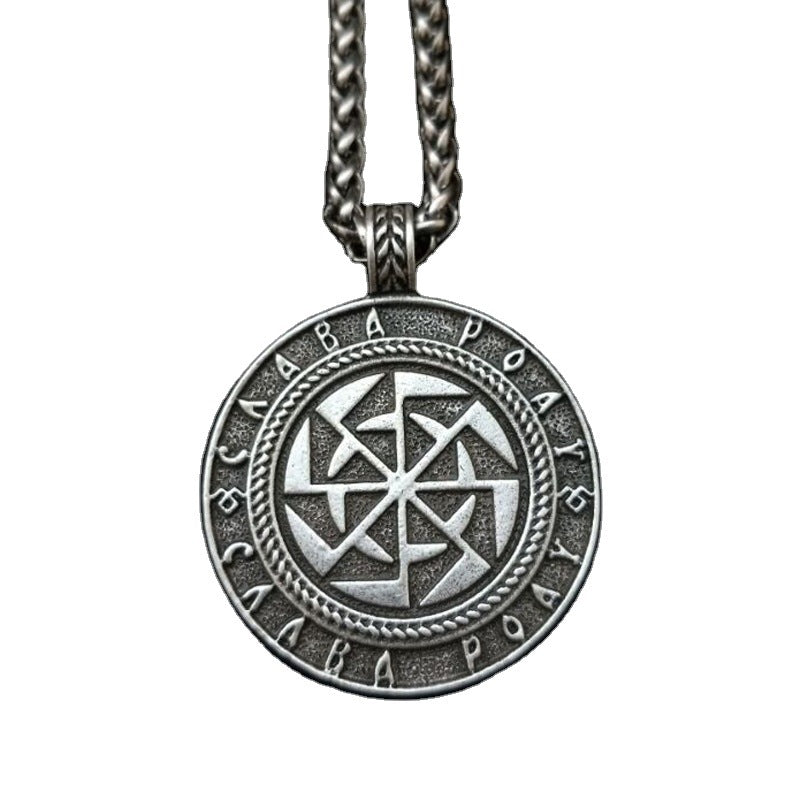 Viking Sun Gear Metal Necklace with Kolovrat Pendant for Men