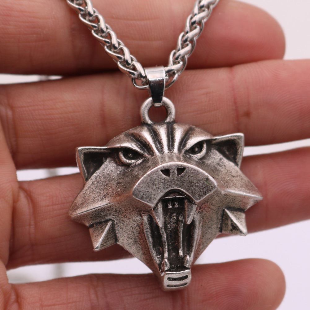 Viking Cat Head Necklace with Wizard's Medal Pendant - European & American Halloween Accessories