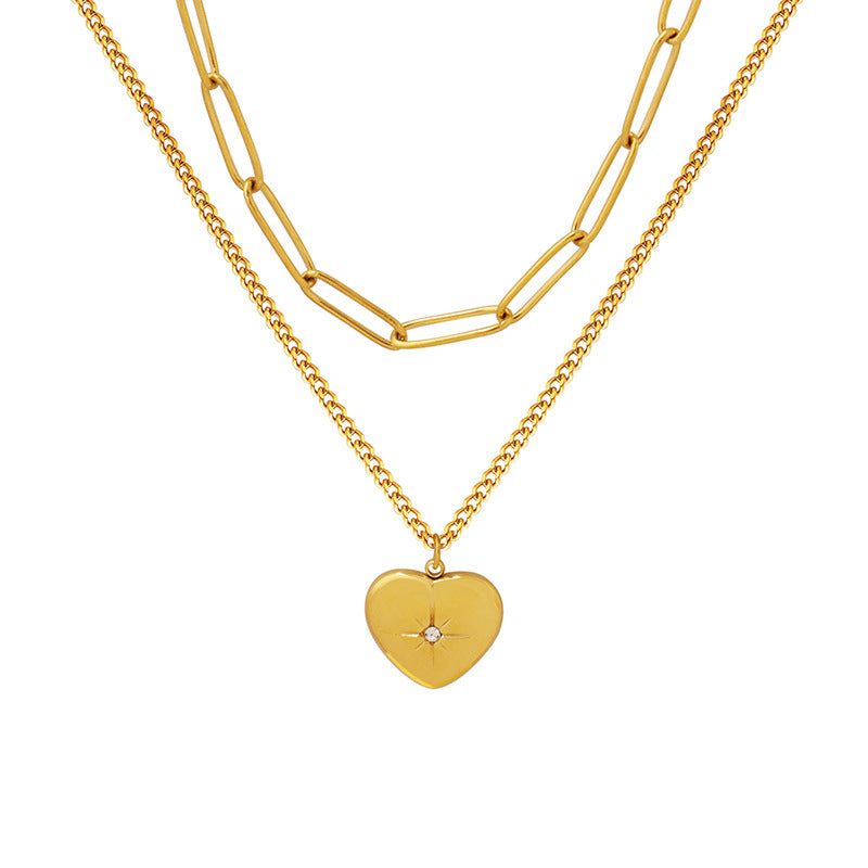 Luxurious Double-Layer Heart Zircon Pendant Necklace with 18K Gold Plating