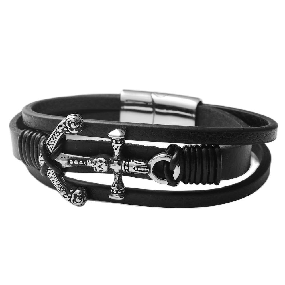 Titanium Steel Cross Leather Bracelet for Men - Personalized Punk Woven Skull Design