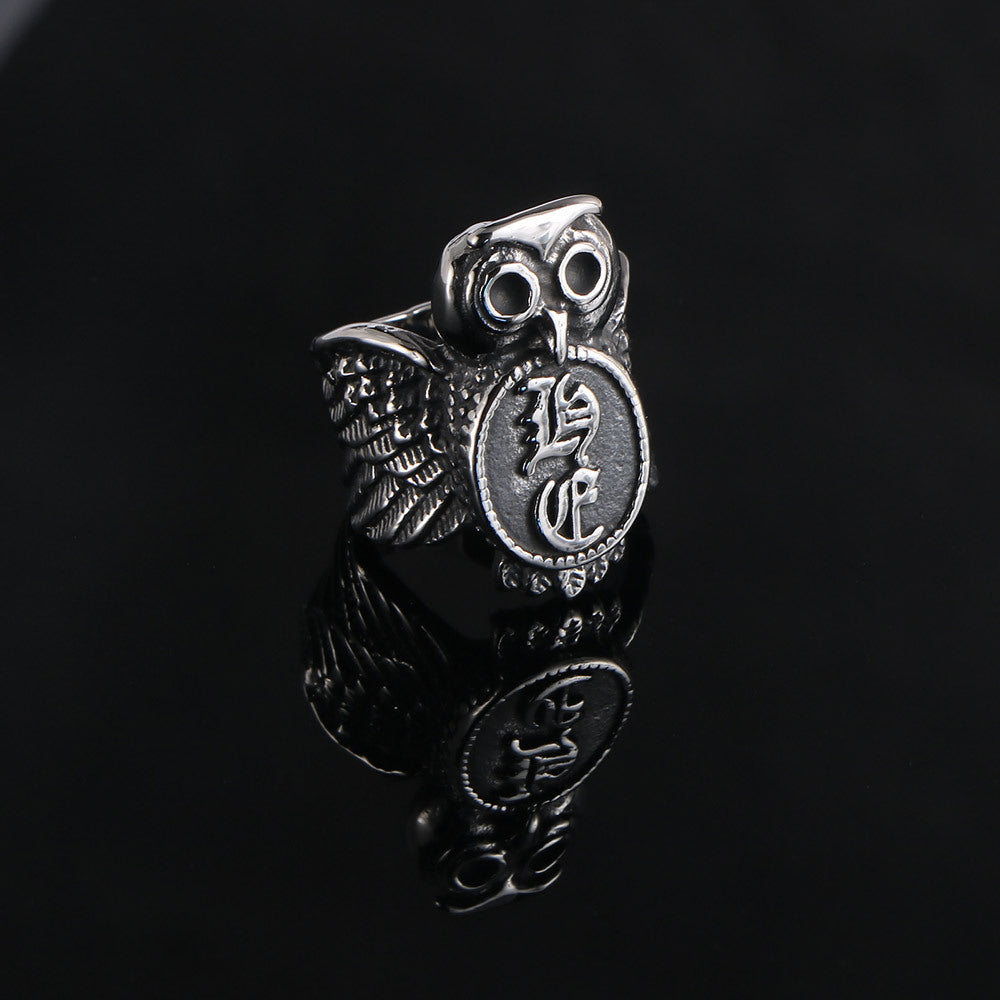 Retro Titanium Steel Owl Ring for Men - Cute Animal Sanskrit Punk Design