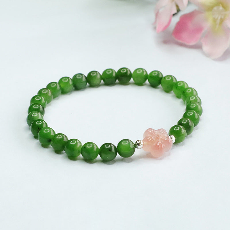 Hetian Jade and Agate Flower Jasper Bracelet with Sterling Silver Charm