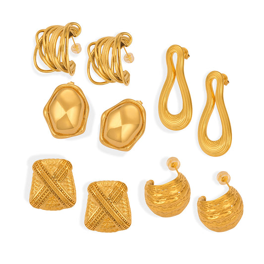 18k Gold Plated Titanium Steel Earrings with Multi-layer Line Texture Splicing Design