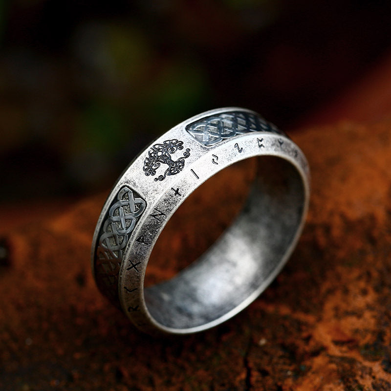 Nordic Viking Titanium Steel Ring with Retro Tree of Life Design for Men