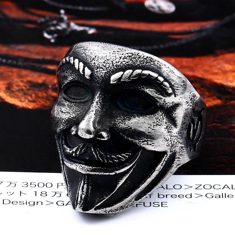 Titanium Steel V for Vendetta Clown Mask Ring for Men - Wholesale European and American Film Style Jewelry