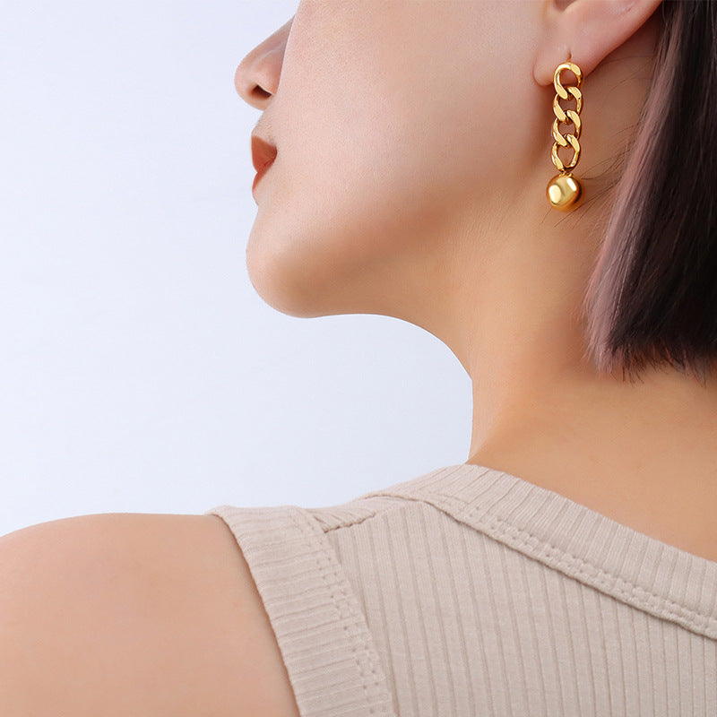 Retro Chain Steel Bead Earrings with 18K Gold Plating and Geometric Design