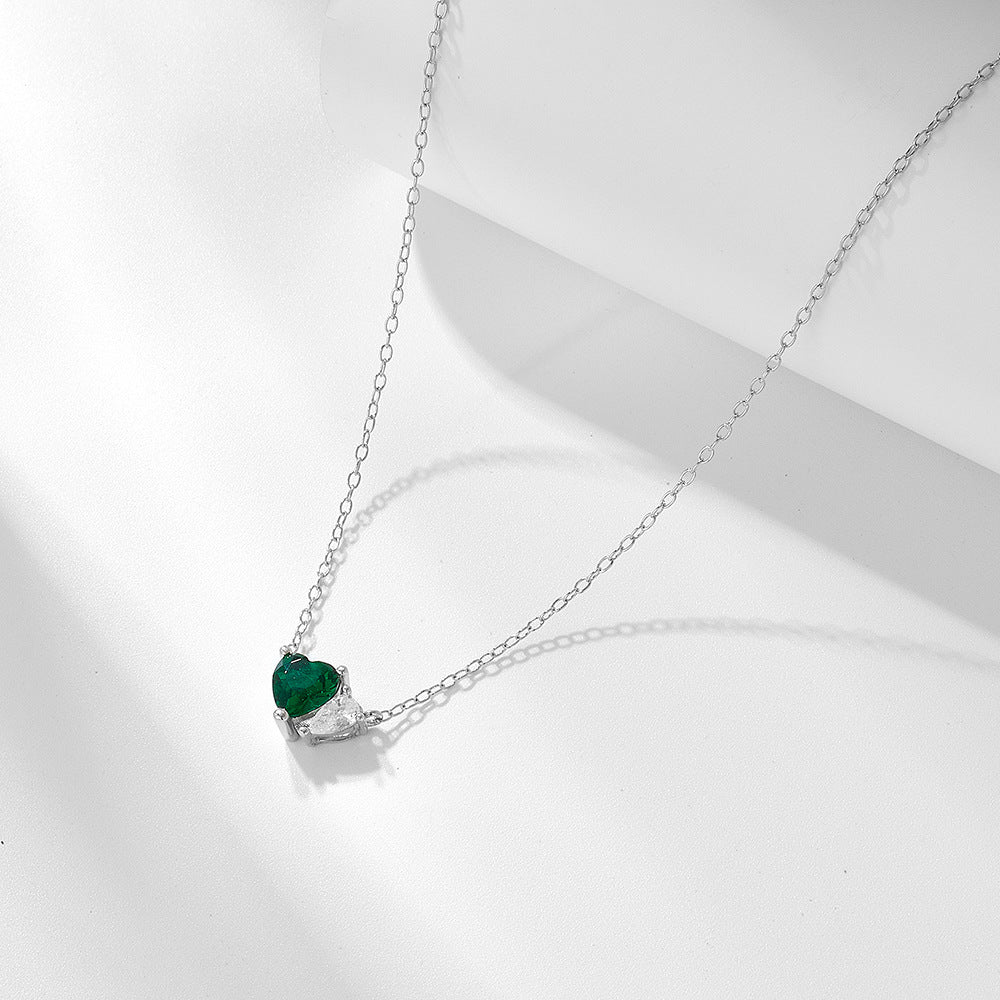 Emerald Green Heart Shape Zircon and Water Drop Zircon Silver Necklace