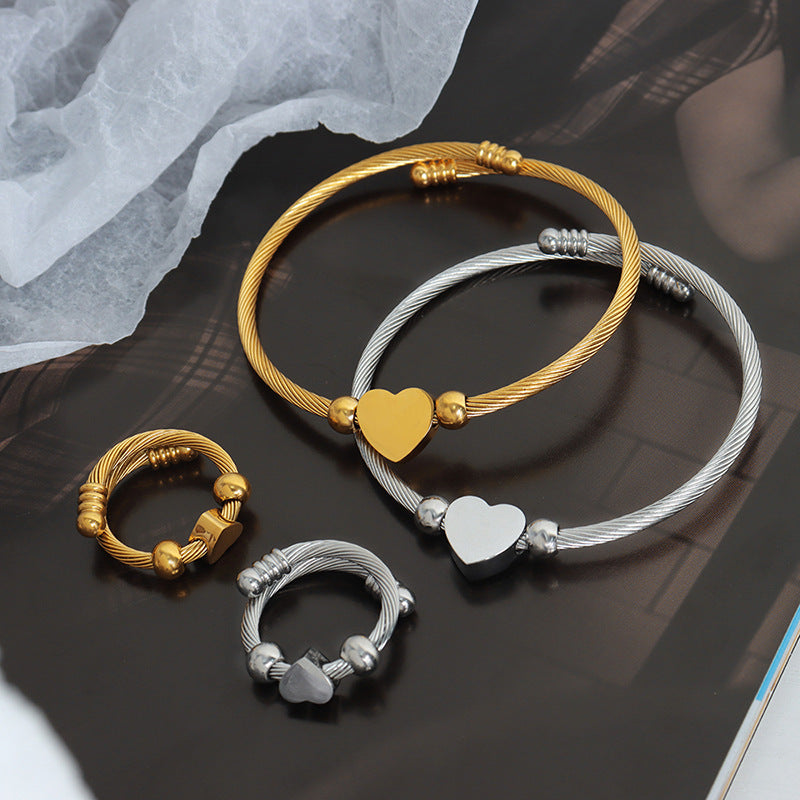 Gold-plated Love Coil Bracelet and Ring Set - Korean Fashion Jewelry