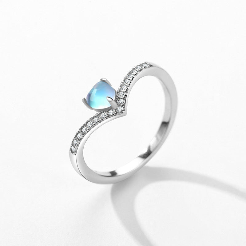 S925 Sterling Silver Heart Shaped Moonlight Stone Arrow Ring for Women's Korean Edition