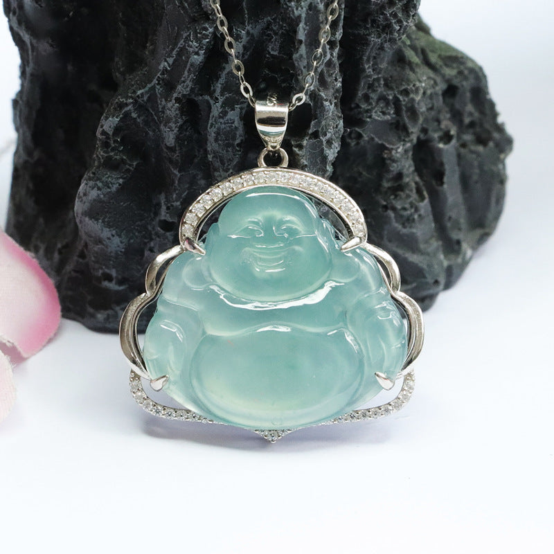 Buddha Pendant Fortune Necklace in Myanmar Blue Green Jade with Zircon