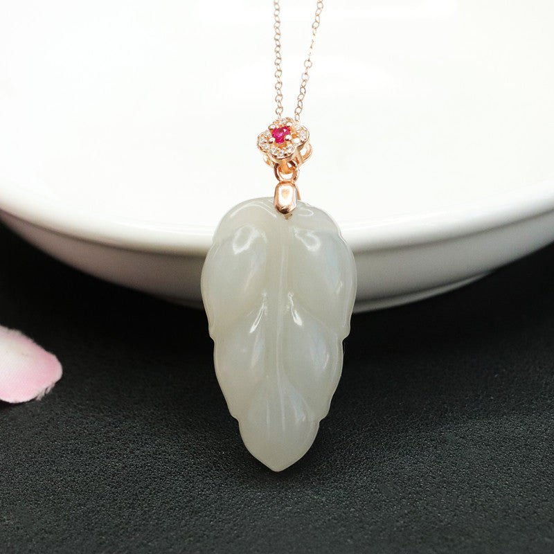 Leaf Jade and Zircon Flower Sterling Silver Necklace with Hotan Jade Pendant