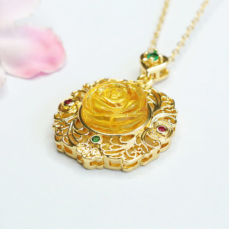 Elegant Rose Amber Zircon Pendant in Sterling Silver - Women's Jewelry