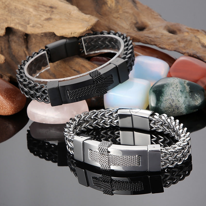 Trendy Woven Cross Stainless Steel Bracelet for Men - Hip-Hop Style with Rock Vacuum Plating