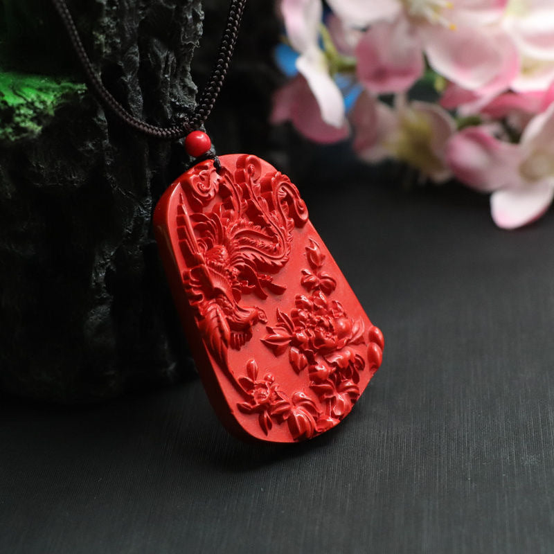 Cinnabar Phoenix Peony Sterling Silver Pendant