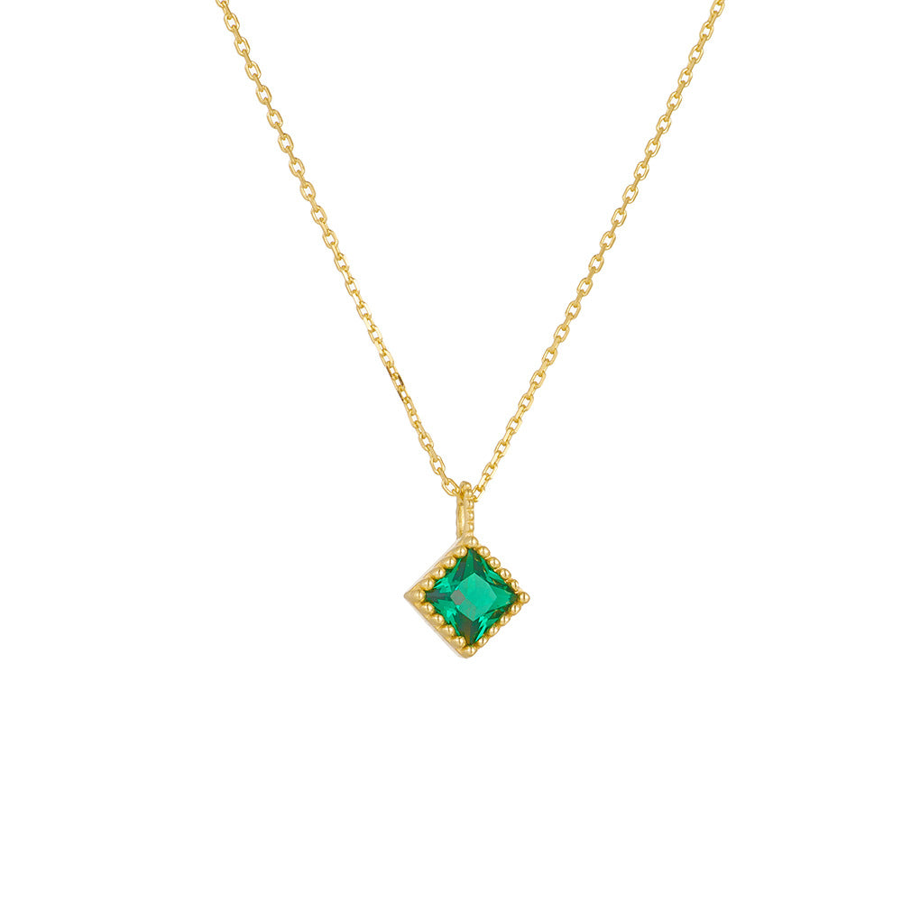 Square Emerald Green Zircon Pendant Silver Necklace