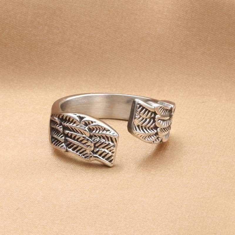 Titanium Steel Retro Feather Ring for Men - Unique Angel Wing Design