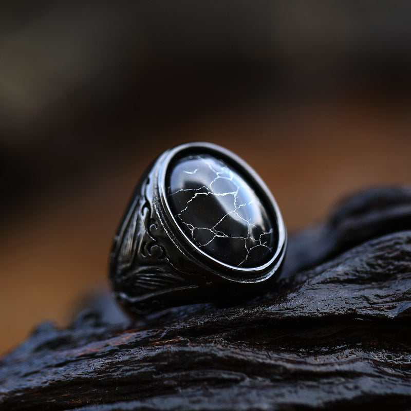 Vintage Black Turquoise Inlaid Men's Titanium Steel Ring - Custom Engraved Handcrafted Jewelry for Men