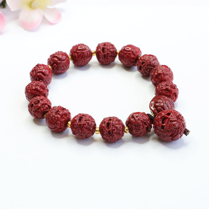 Cinnabar Pixiu Round Bead Sterling Silver Bracelet