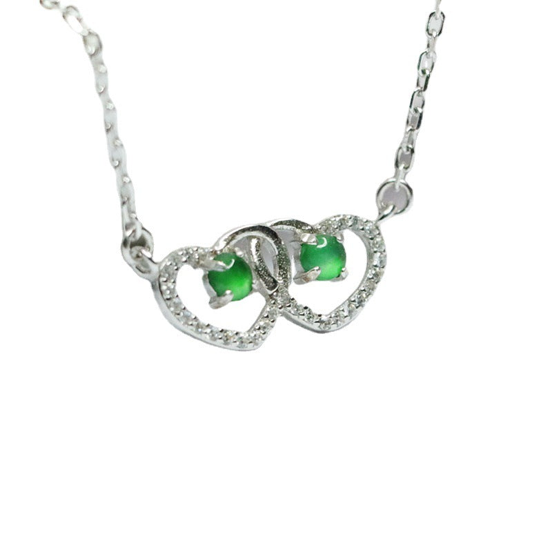 Sterling Silver Double Hollow Love Zircon Necklace with Natural Ice Emperor Green Jade