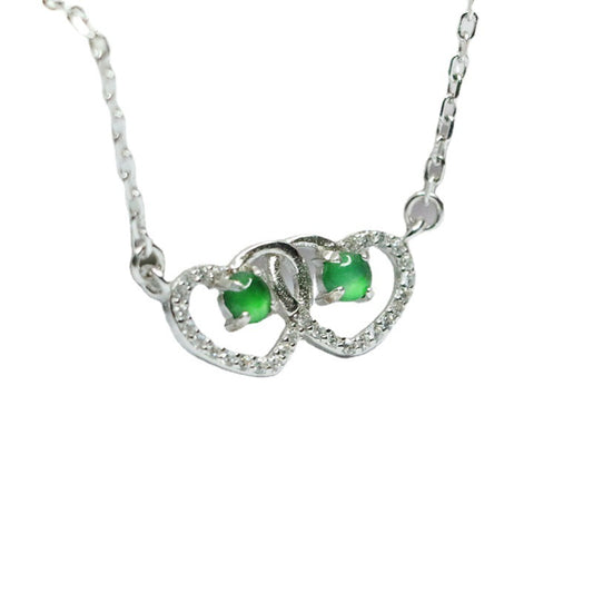 Sterling Silver Double Hollow Love Zircon Necklace with Natural Ice Emperor Green Jade