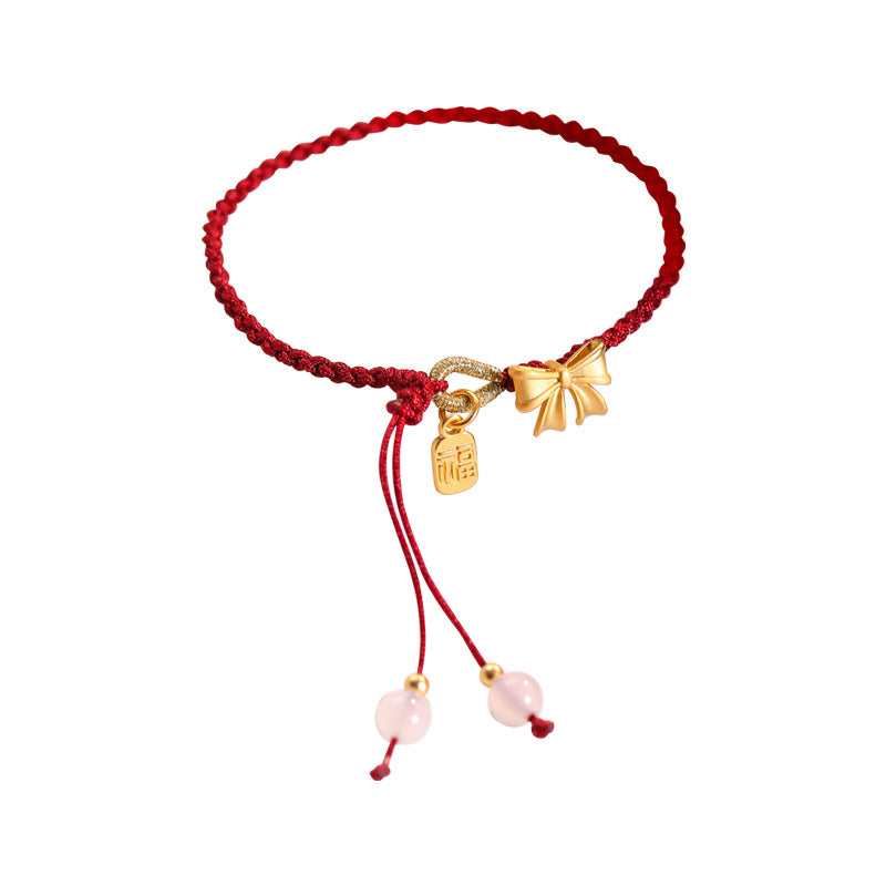 Festival Red Rope Bracelet with Peach Blossom Bow - Sterling Silver and Crystal National-Style Gift for Girlfriend