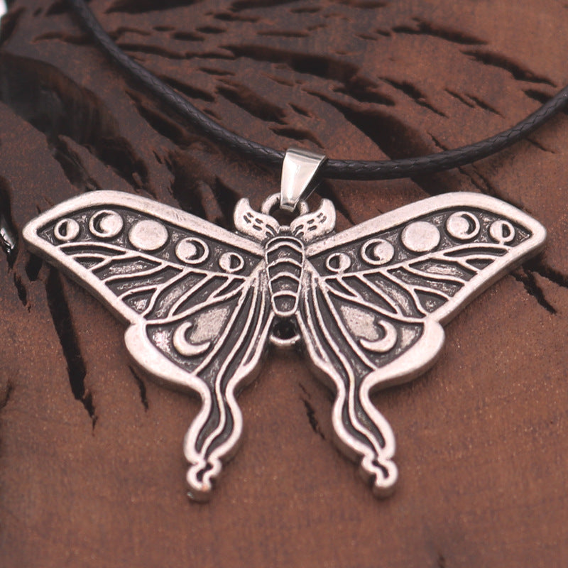 European and American Butterfly Skull Pendant Necklace with Moth Moon Totem