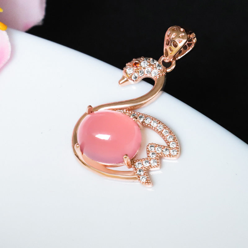 Oval Powder Chalcedony Zircon Rose Gold Swan Pendant Jewelry