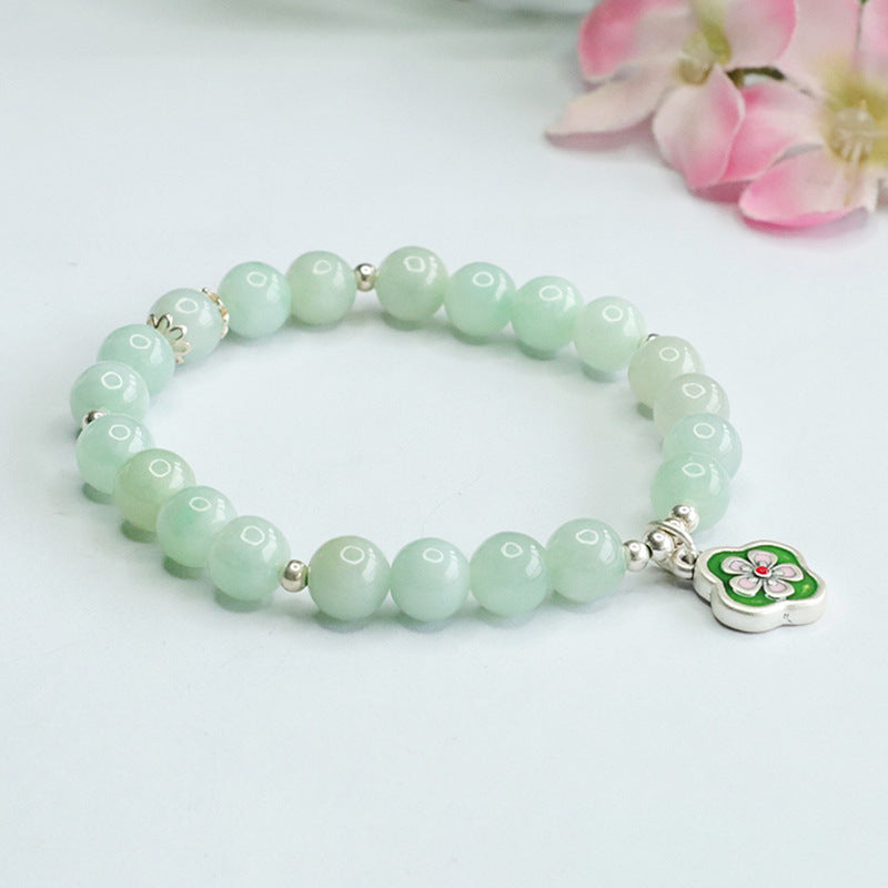 Jade Bracelet with Sterling Silver Four Leaf Flower Detail