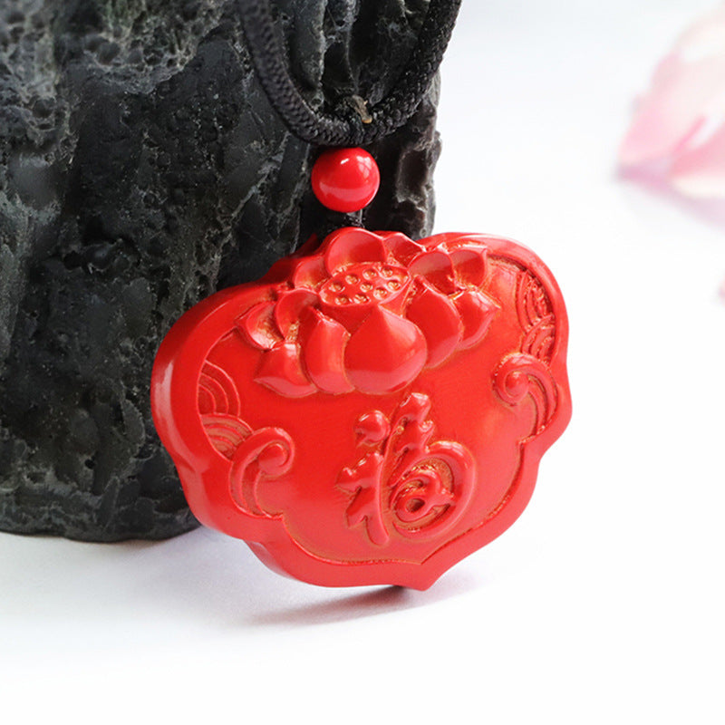 Red Sand Cinnabar Lotus Ruyi Sterling Silver Pendant