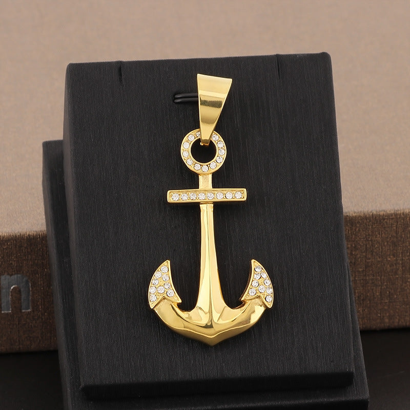 Stylish 18k Gold-Plated Men's Anchor Pendant Necklace - Navy Zircon Stainless Steel Jewelry