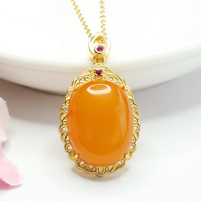 Sterling Silver Oval Honey Wax Amber Pendant Necklace