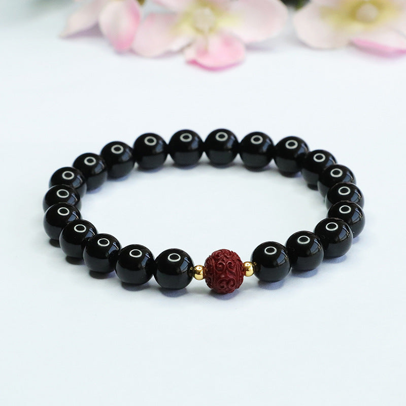 Black Agate and Purple Gold Sand Bead Sterling Silver Bracelet