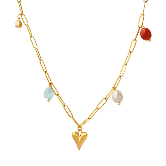 Peach Heart Lotus Stone Necklace with Freshwater Pearls