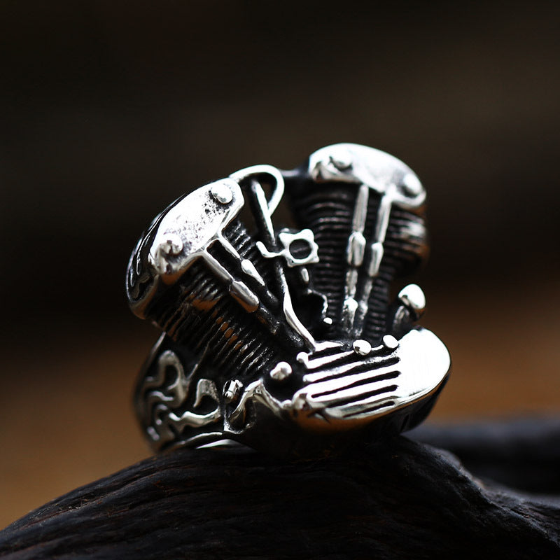 Retro Engine Wrench Skull Ring for Men - European and American Locomotive Style Stainless Steel in Titanium Steel