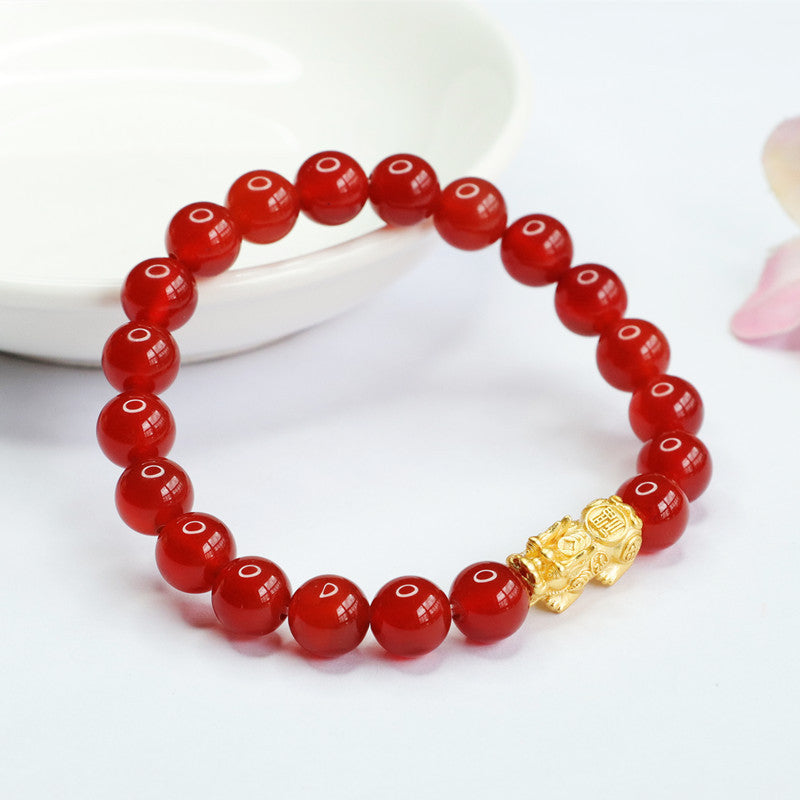 Golden Pixiu Sterling Silver Red Agate Bracelet - Fortune's Favor