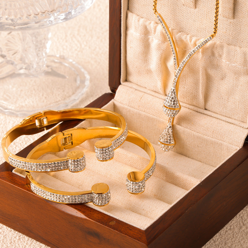 Elegant Hepburn Style Jewelry Set with Zircon and Gold-plated Titanium Steel